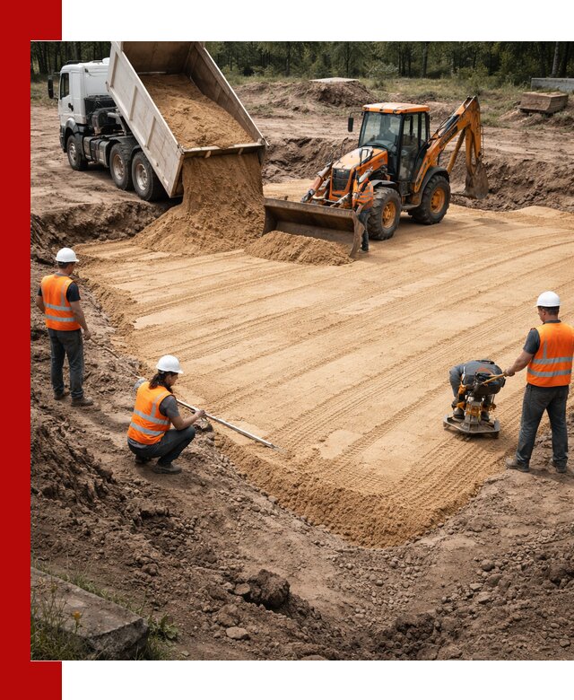 Устройство песчаной подушки для фундаментов и дорог в Коркине